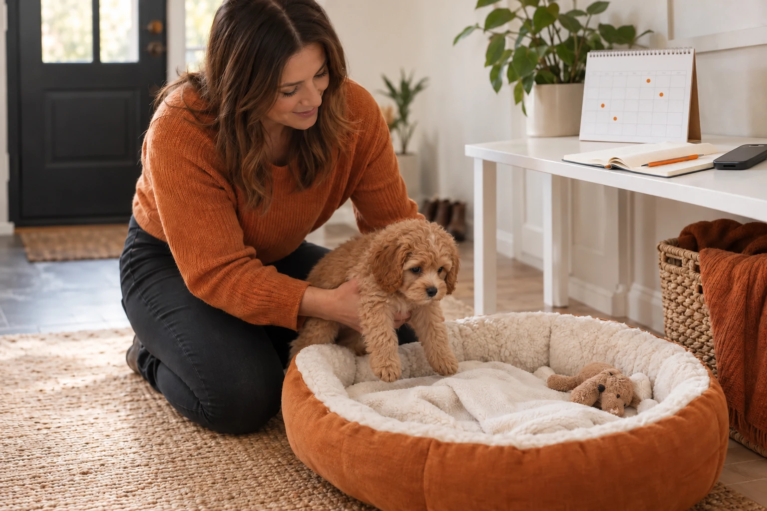 Woman gently settling an illustrative Cavapoo puppy into a bed at home