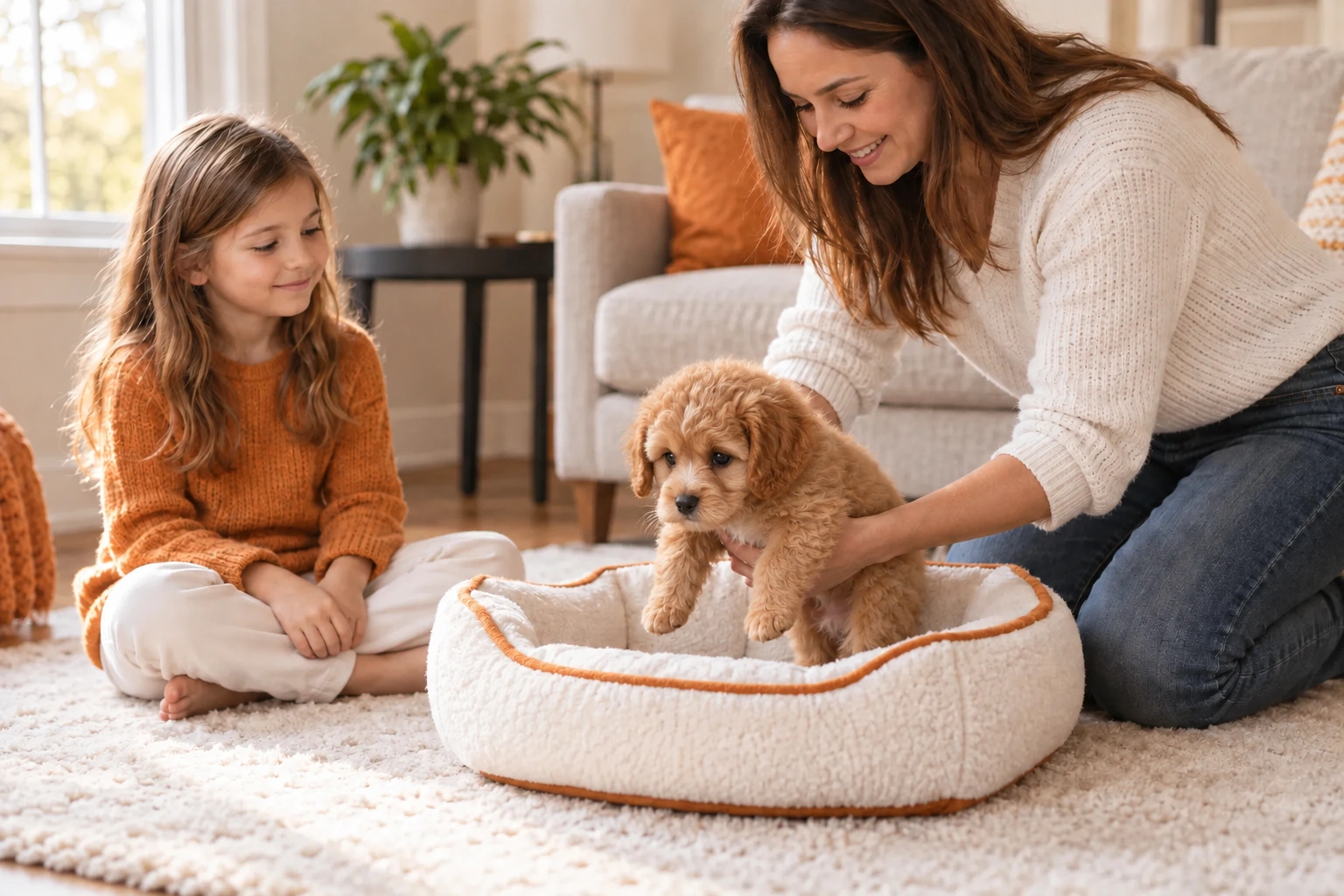 Mother and daughter gently welcoming an illustrative Cavapoo puppy at home