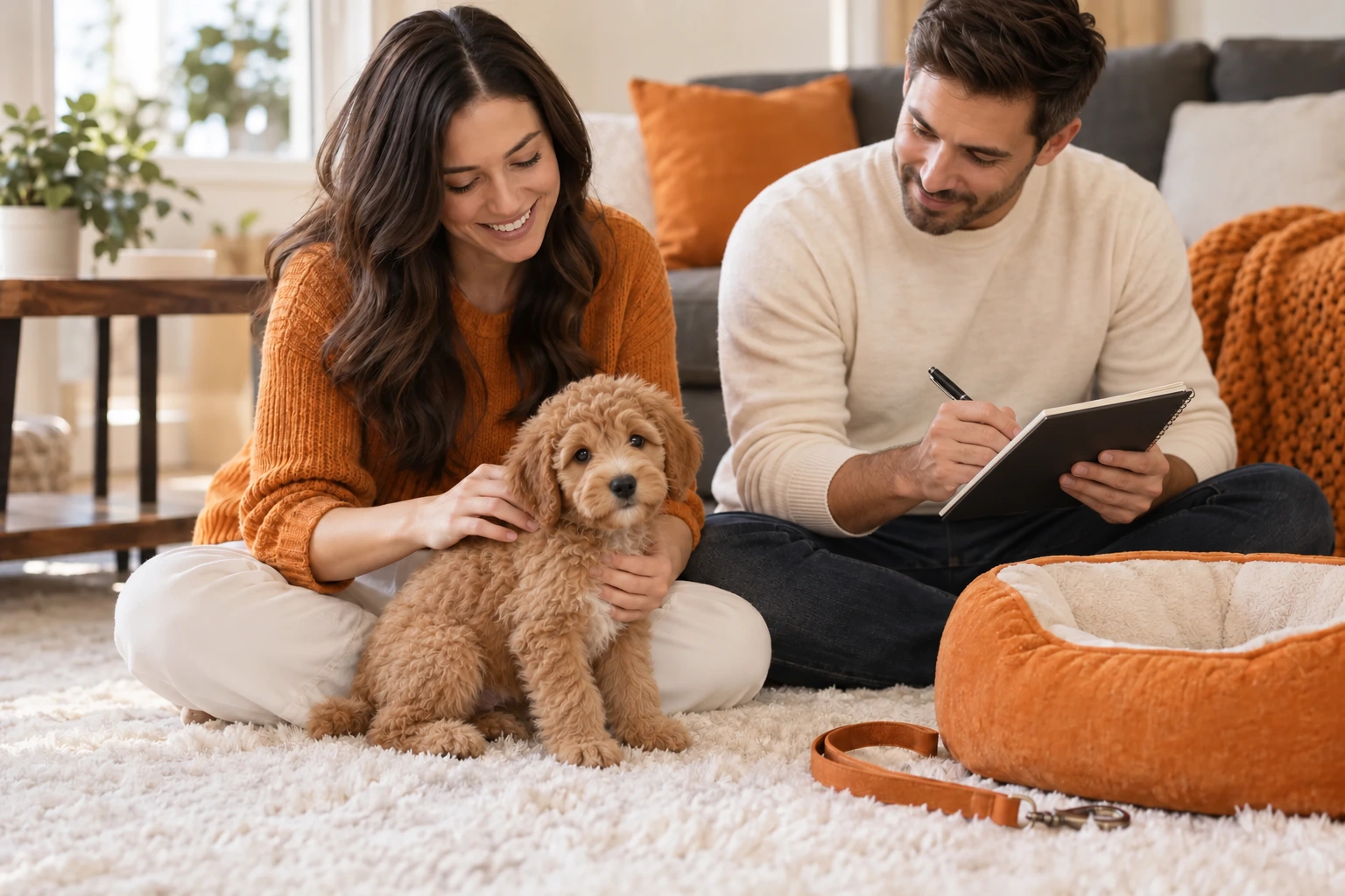 Couple preparing for an illustrative mini Goldendoodle puppy while the man takes notes in a notebook facing him
