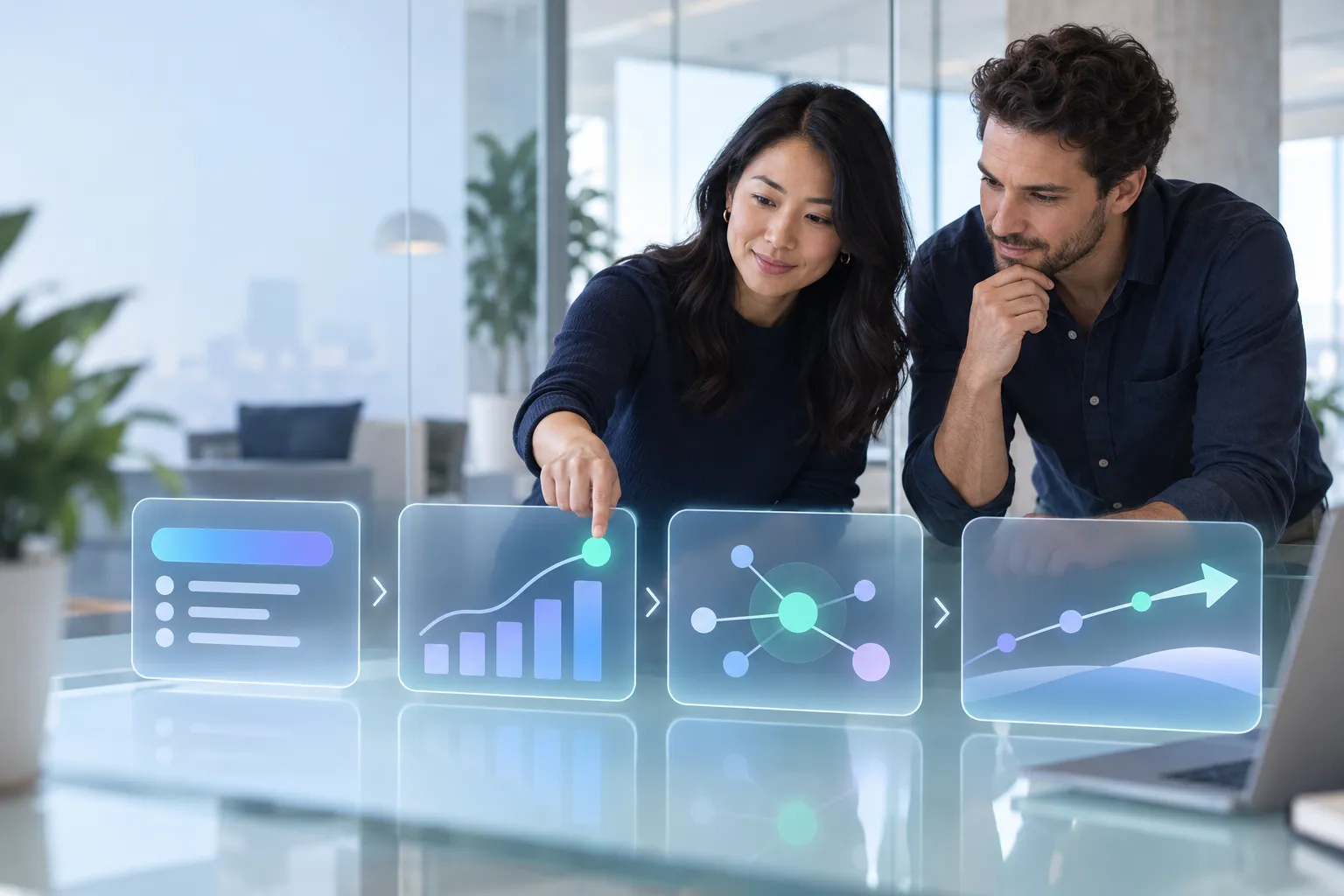Modern CFO workspace with financial documents, laptop, and growth charts