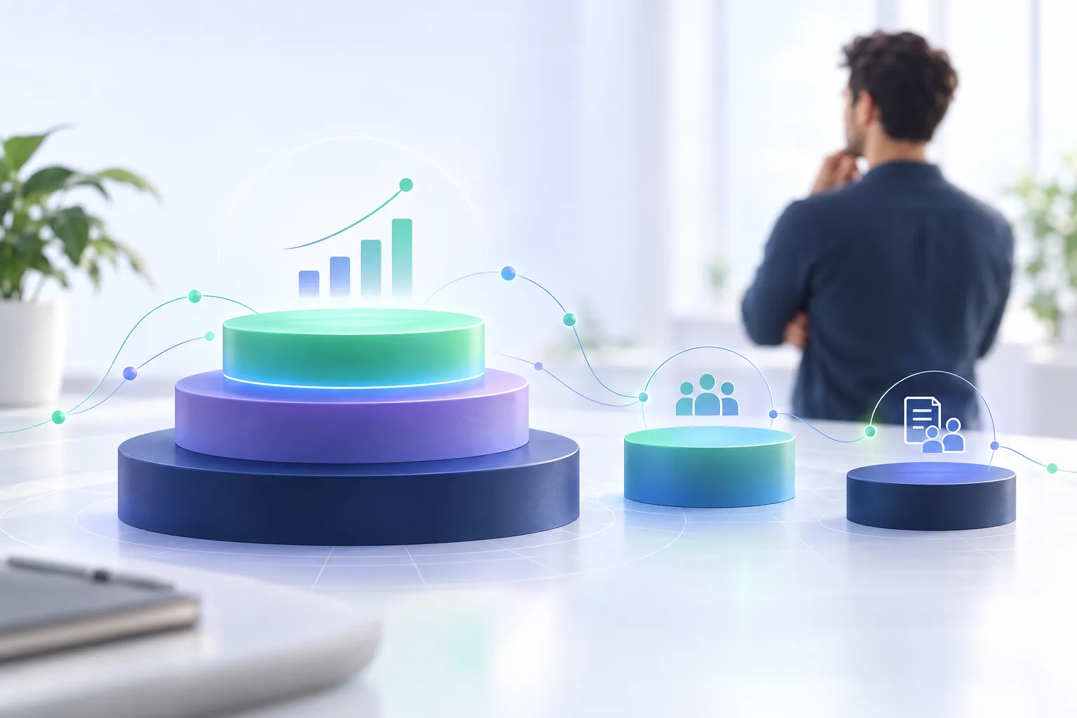 Modern accounting dashboard with growth charts, calculator, and office setting
