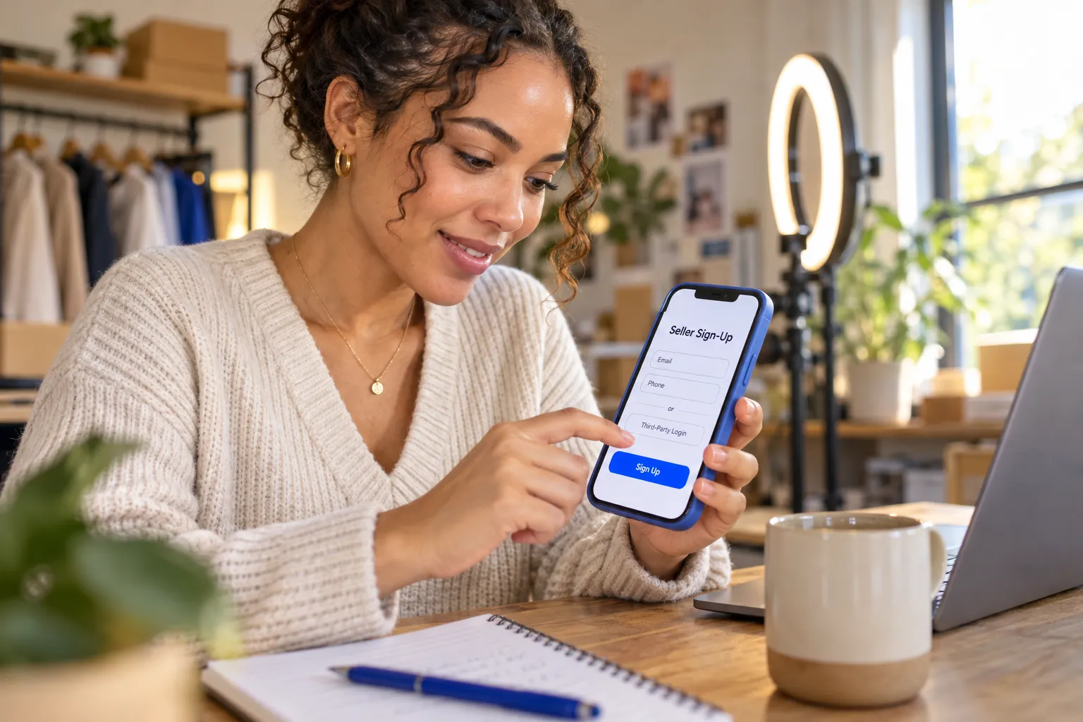 Jonge vrouw glimlacht terwijl ze haar TikTok Seller Center-account instelt op een smartphone