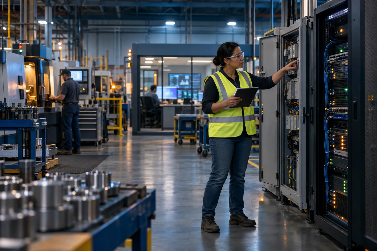 Mid-size manufacturing floor with servers, control panels, and cybersecurity elements