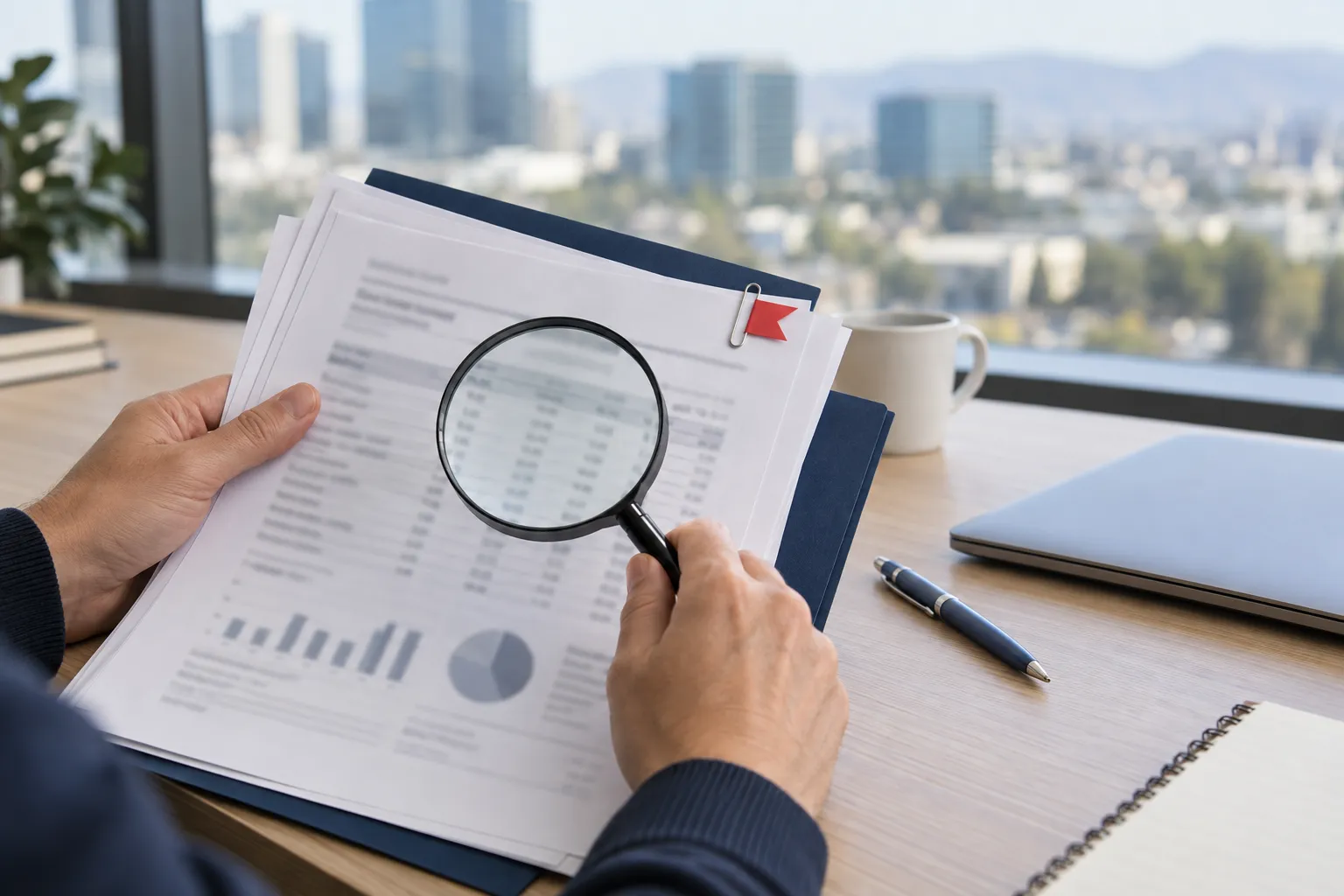 Professional reviewing documents and checklist at tidy office desk