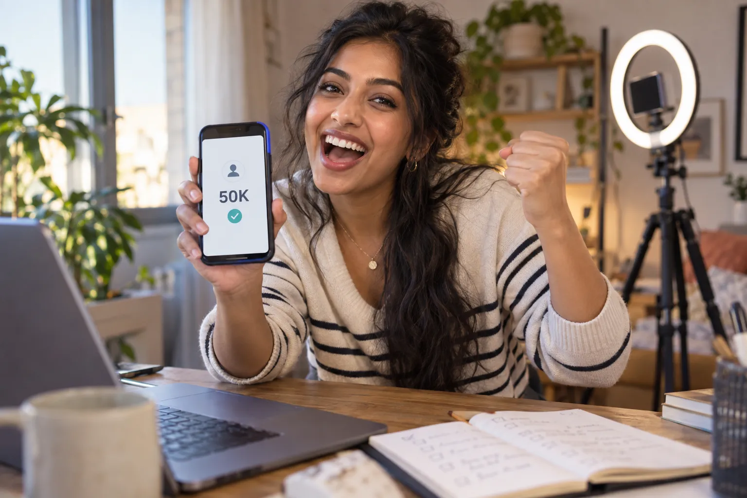 Jonge maker neemt een TikTok Shop-productrecensie op met een smartphone in een ringlampopstelling