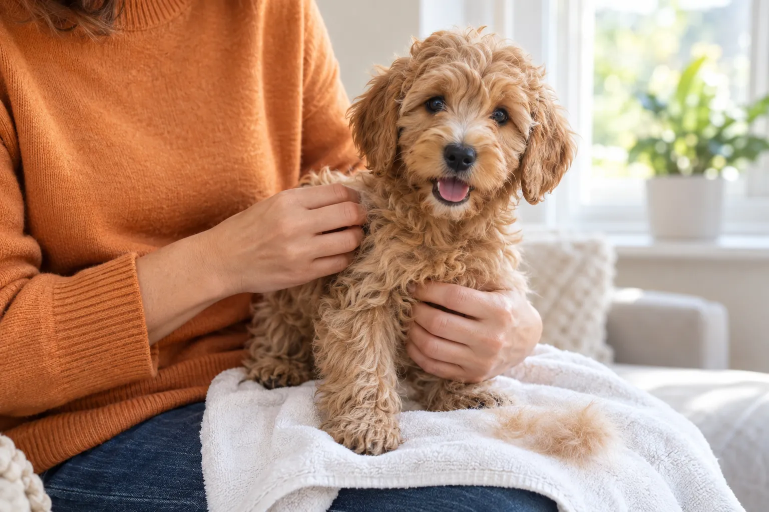 Two parents comparing puppy breeds side by side with grooming tools on table