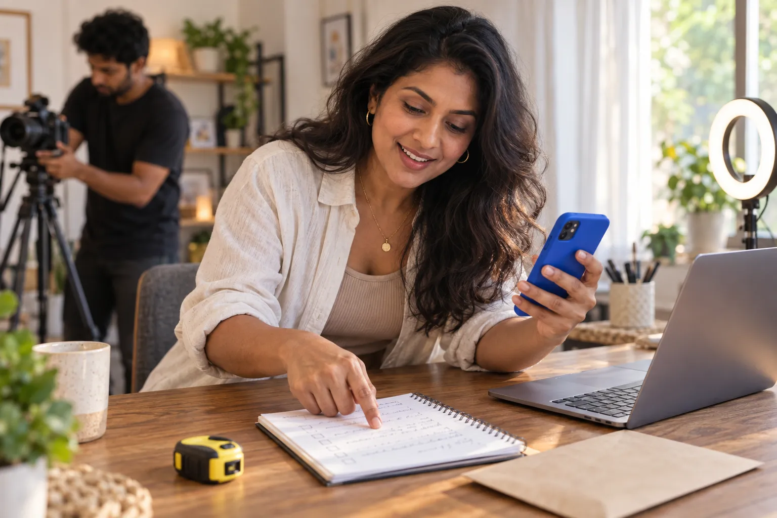 Seller smiling while packaging TikTok Shop orders beside smartphone with live sales