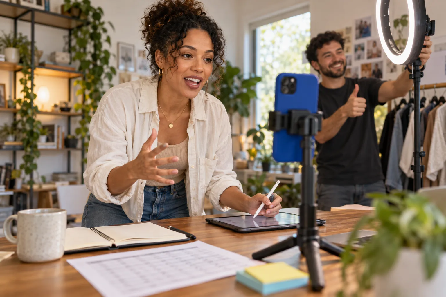 Small-business owner comparing free marketing tools on laptop with agency proposal nearby