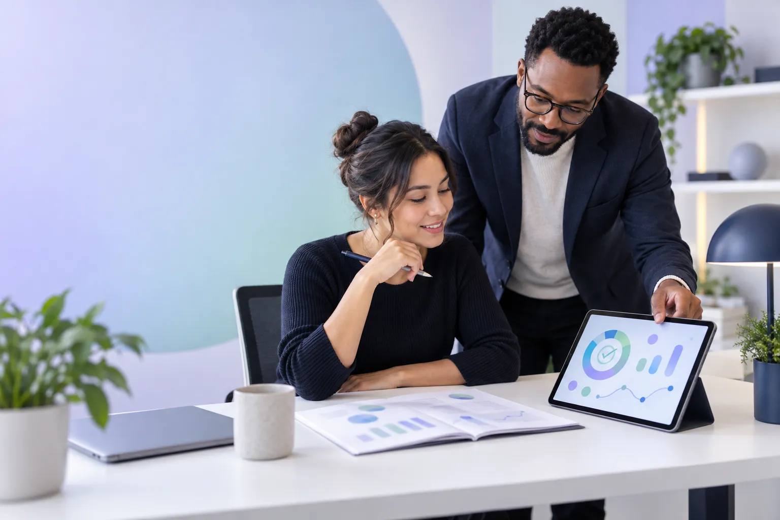 Modern startup office desk with financial charts, laptop, and financial documents