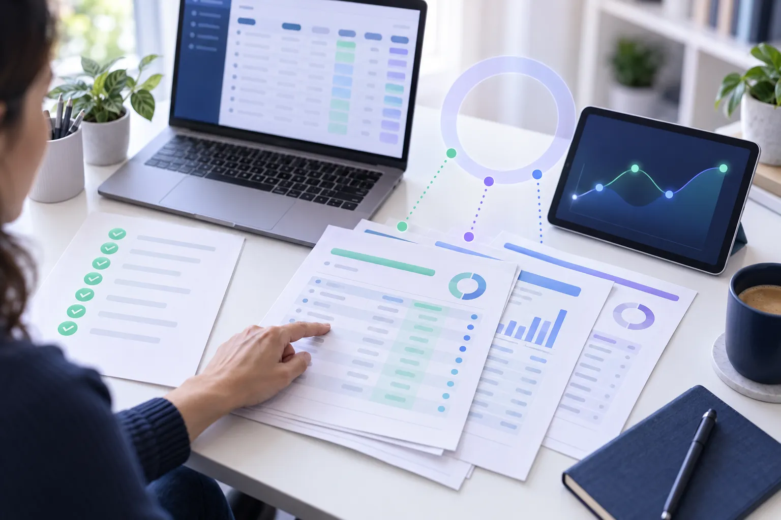 Founder reviewing financial verification checklist with calculator and laptop