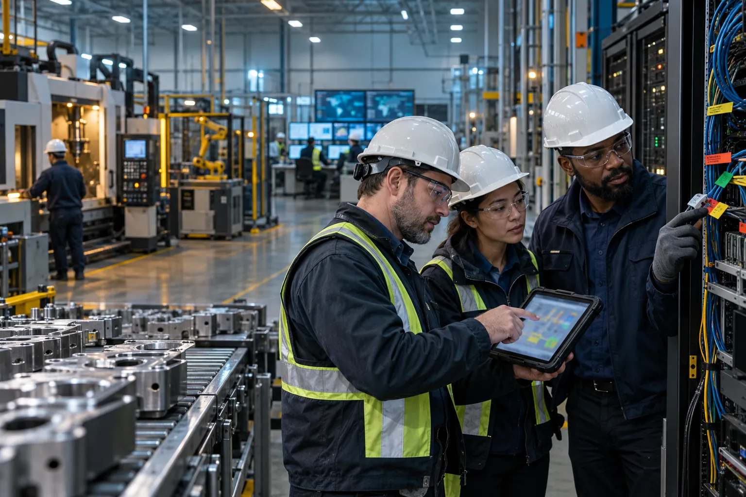 Manufacturing plant engineer monitoring control systems beside cybersecurity dashboard