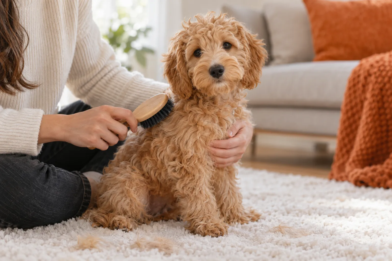 Three Doodle breed puppies sitting together on grass, calm and friendly