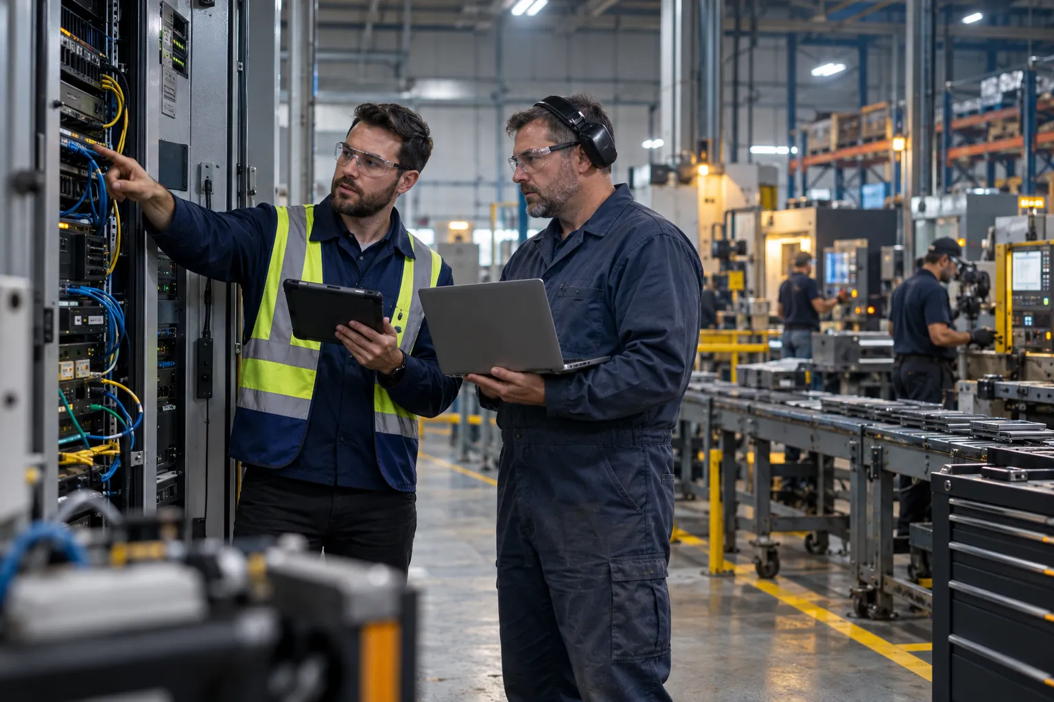 Manufacturing engineer monitoring production line cybersecurity dashboard on factory floor