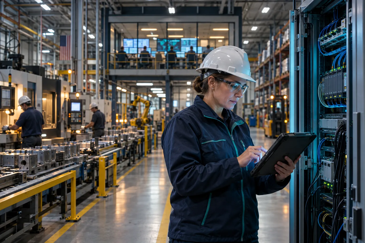 Technician servicing industrial control panel in modern manufacturing facility