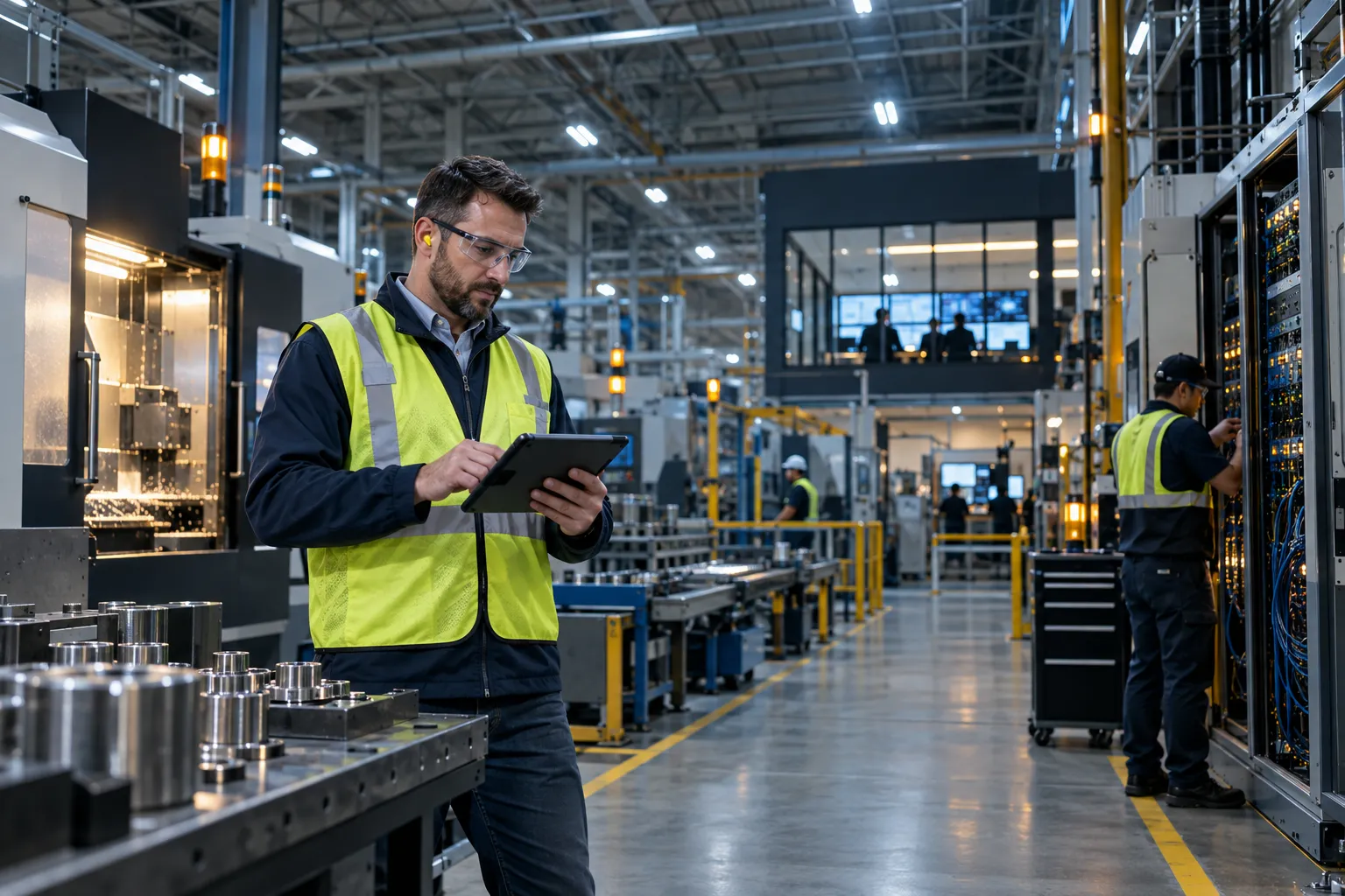 Manufacturing engineer reviewing cybersecurity dashboards beside factory floor equipment