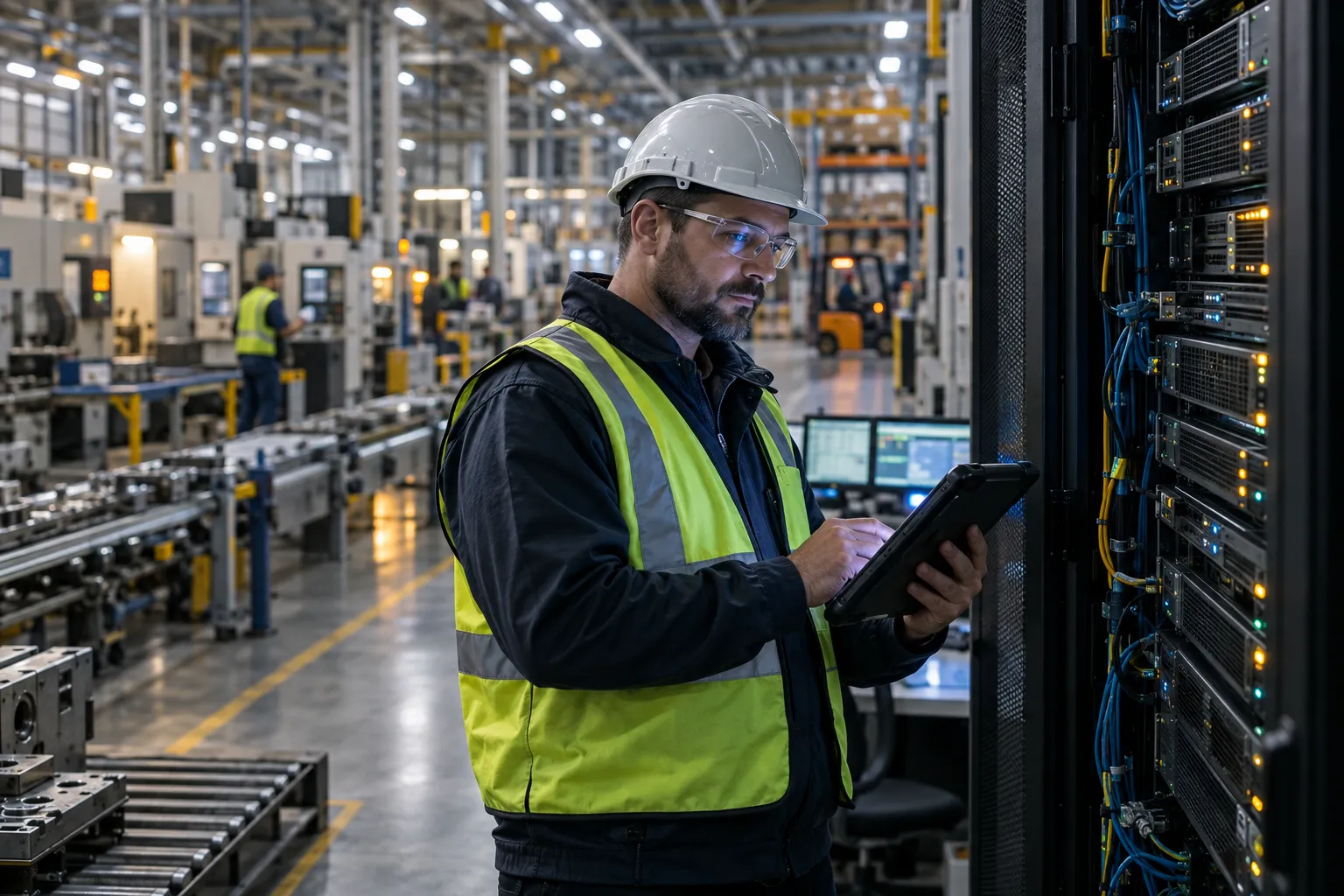 Two engineers reviewing cybersecurity dashboards in a modern manufacturing facility