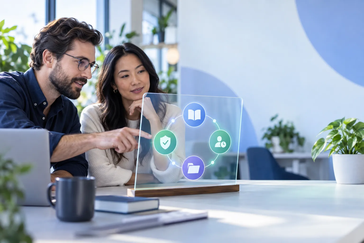 Business professionals reviewing financial documents and charts in modern office