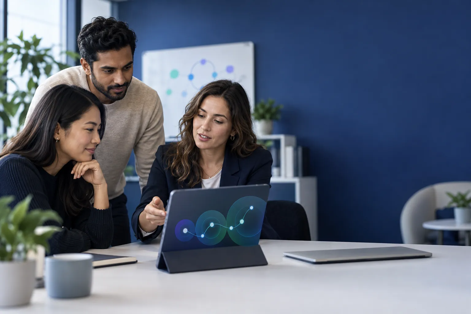 Financial analyst reviewing growth charts beside outsourced accounting team workflow