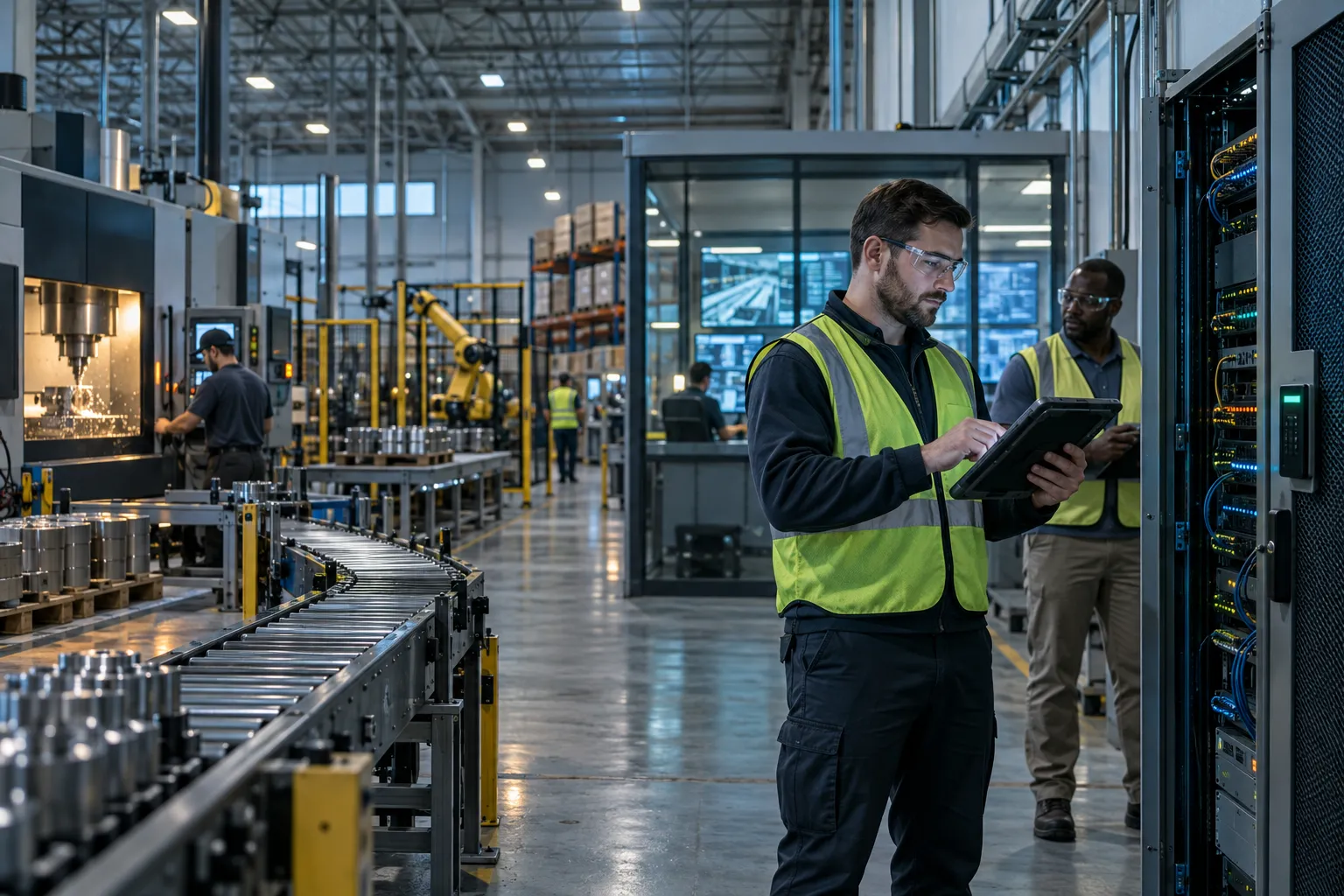 Technician monitoring industrial control systems on factory floor screens