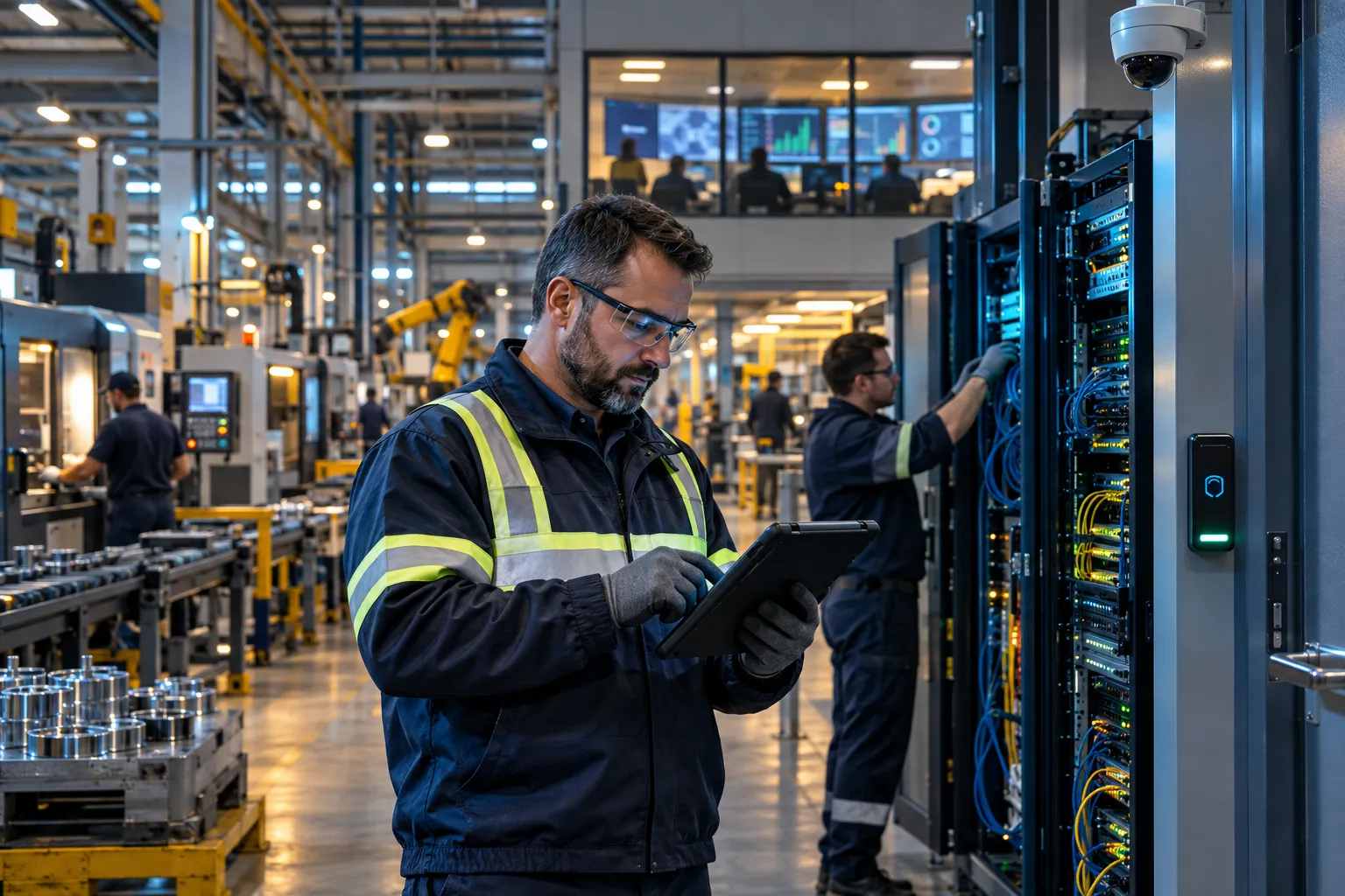 Manufacturing engineer monitoring cybersecurity dashboards beside factory production line