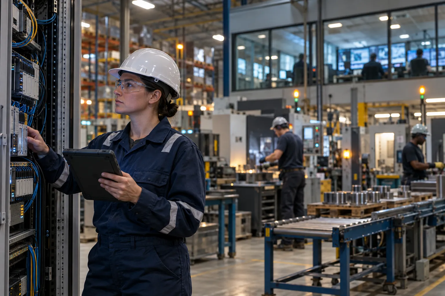 Technician monitoring industrial control panels and servers in manufacturing facility