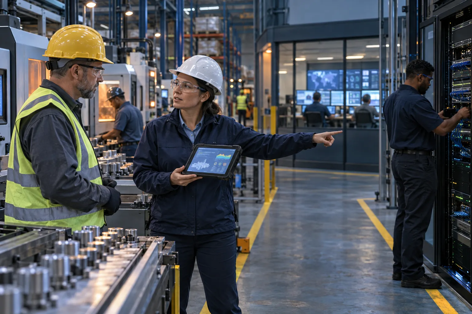 Engineer reviewing networked factory control systems on laptop