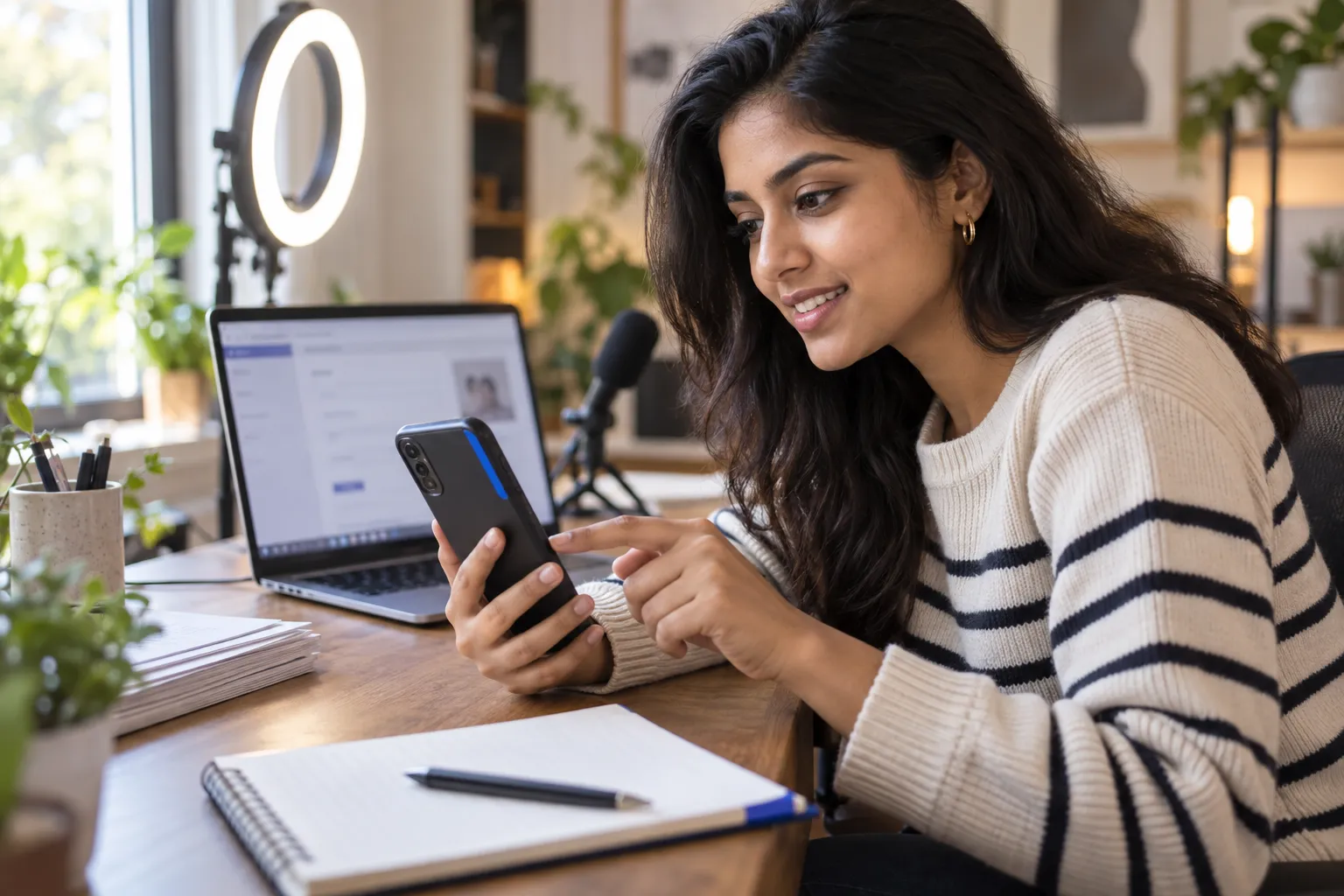Persoon stelt TikTok Shop Seller Center in op een laptop, met een smartphone ernaast