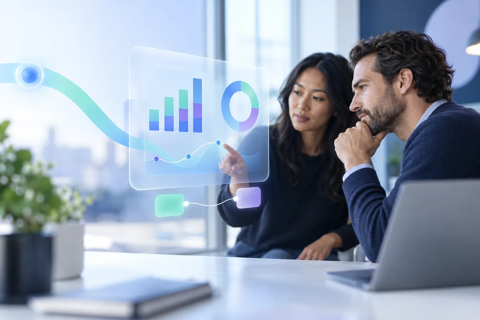 Modern financial dashboard with charts on laptop, growing business setting