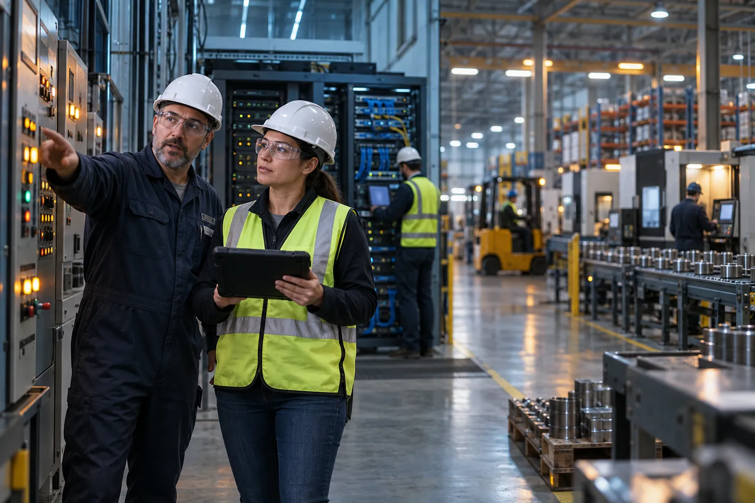 Two manufacturing engineers comparing printed quotes on a factory floor