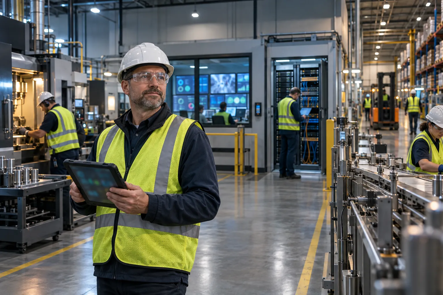 Engineer reviewing cybersecurity dashboards on a manufacturing plant floor