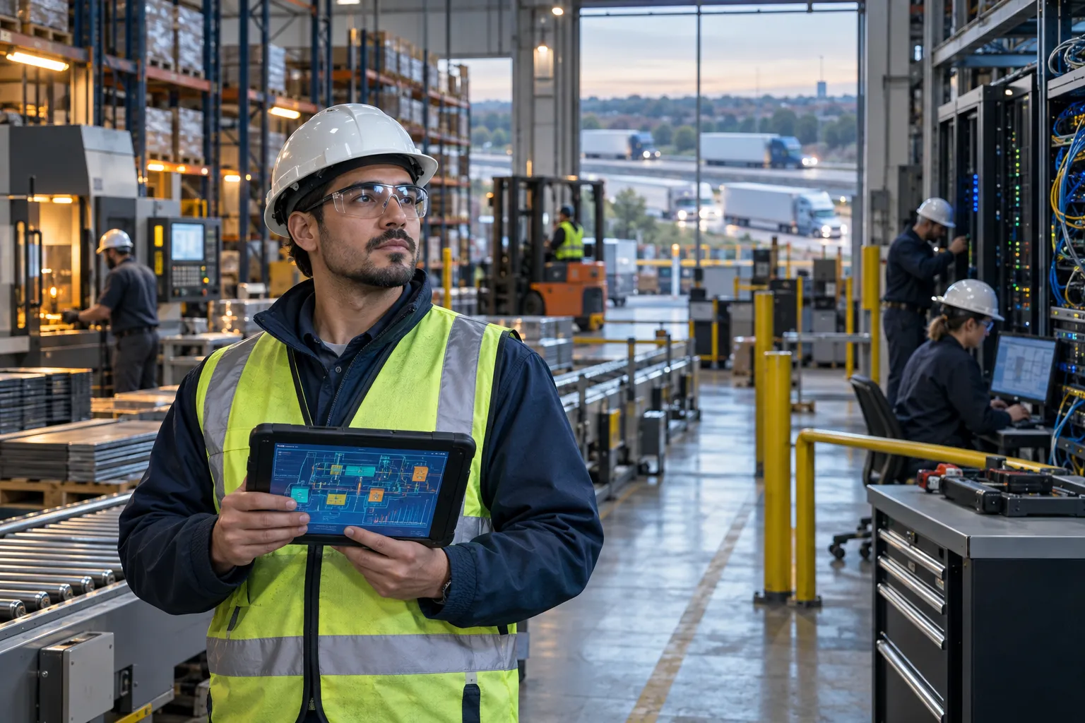 Modern manufacturing facility with industrial equipment and cybersecurity monitoring screens