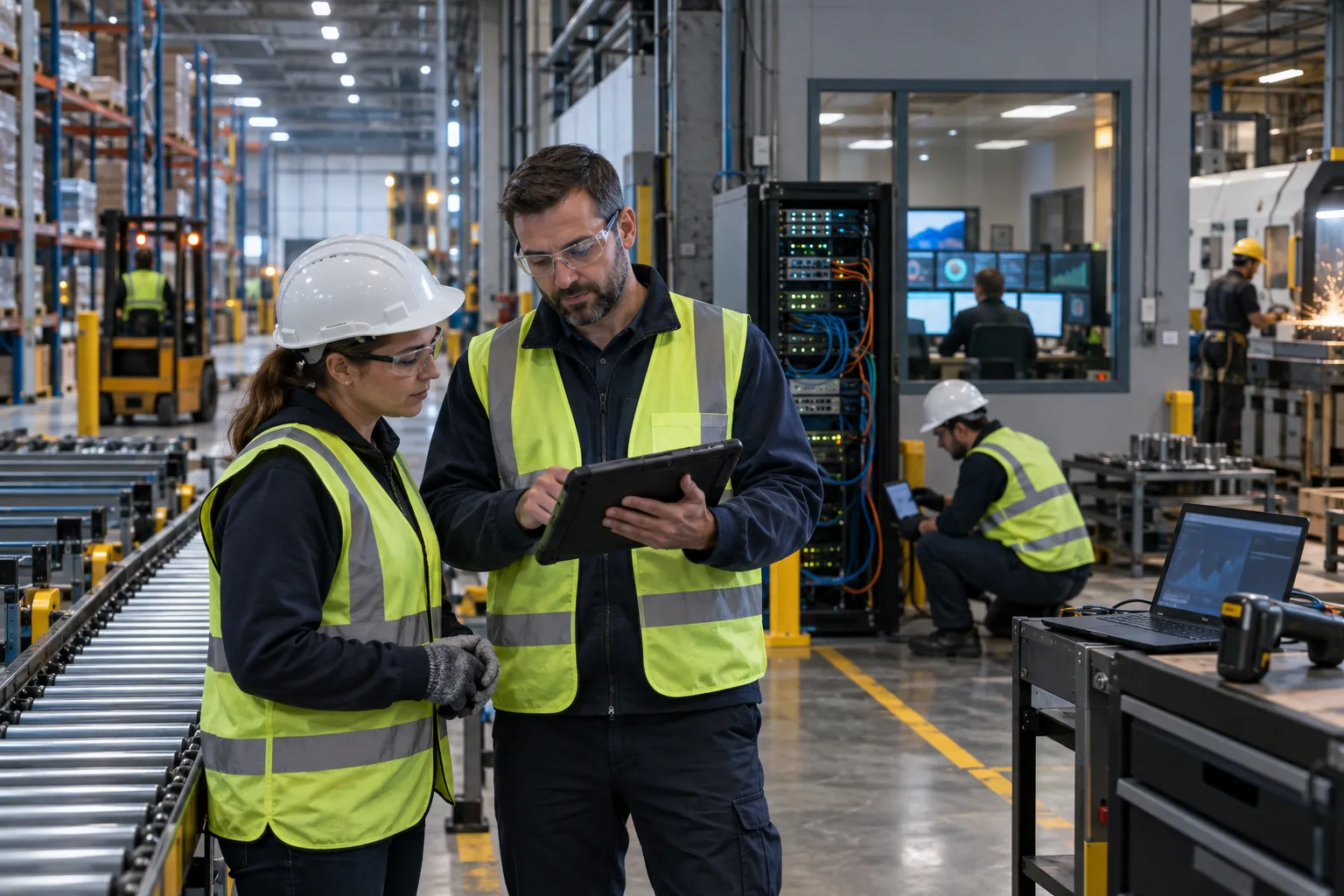 Warehouse worker using tablet beside conveyor and stacked pallets