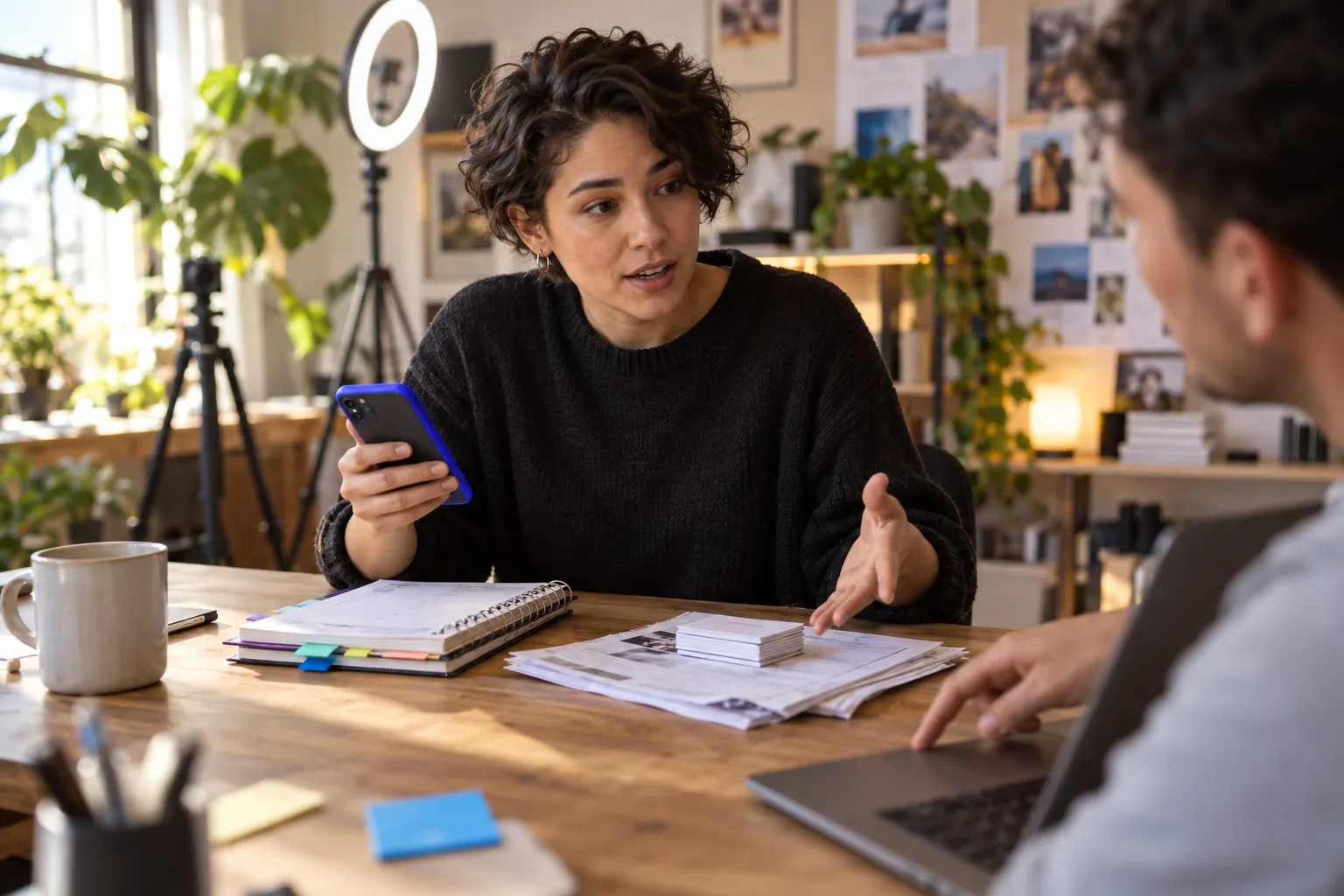Business professional comparing software pricing dashboard and agency contract on desk