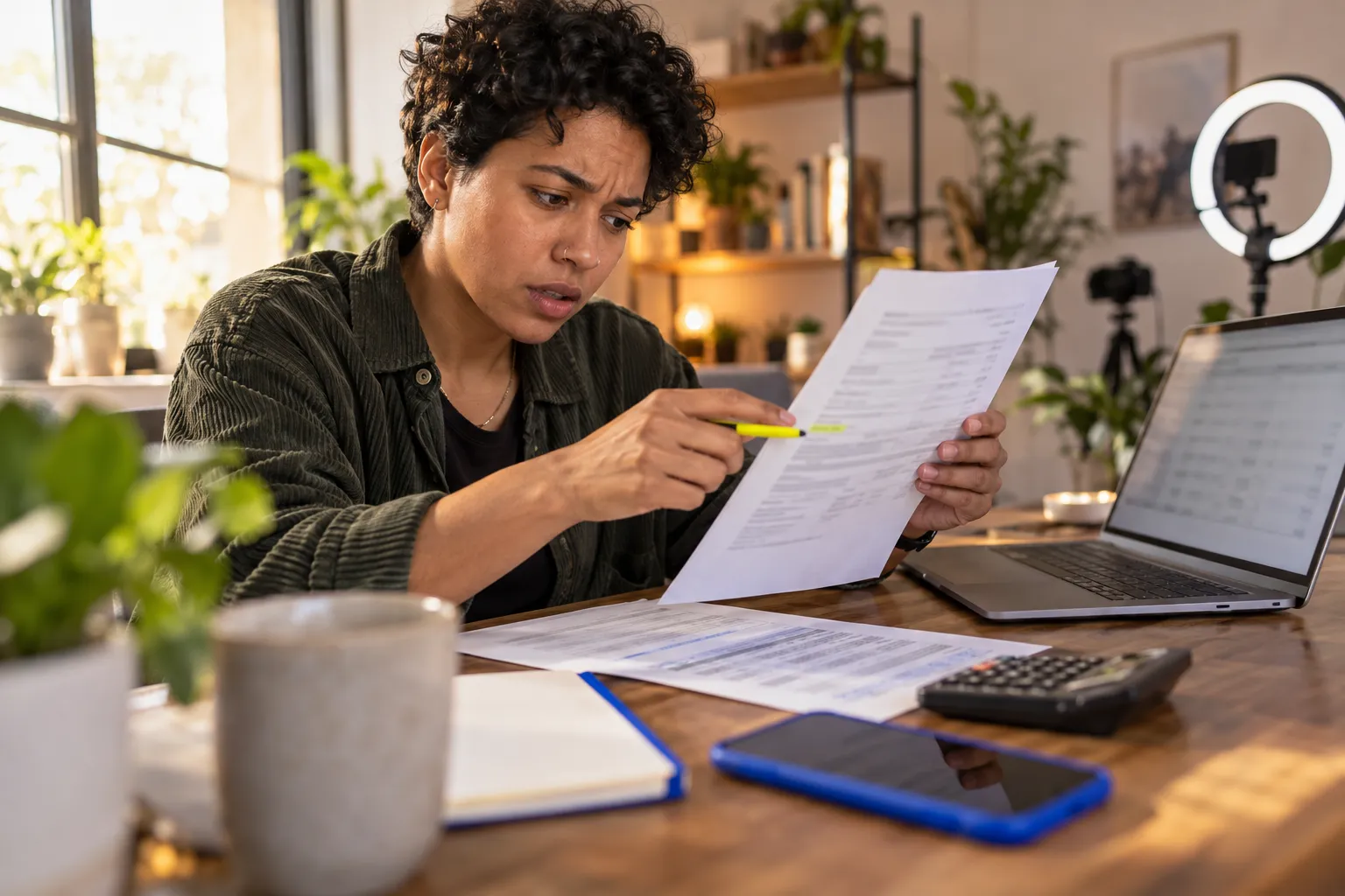 Pessoa analisando taxas ocultas de afiliados no laptop com calculadora, expressão preocupada