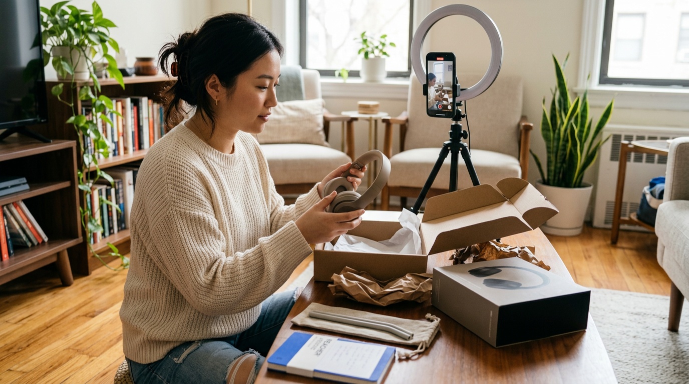 Creator reviewing a TikTok Shop product sample before filming content