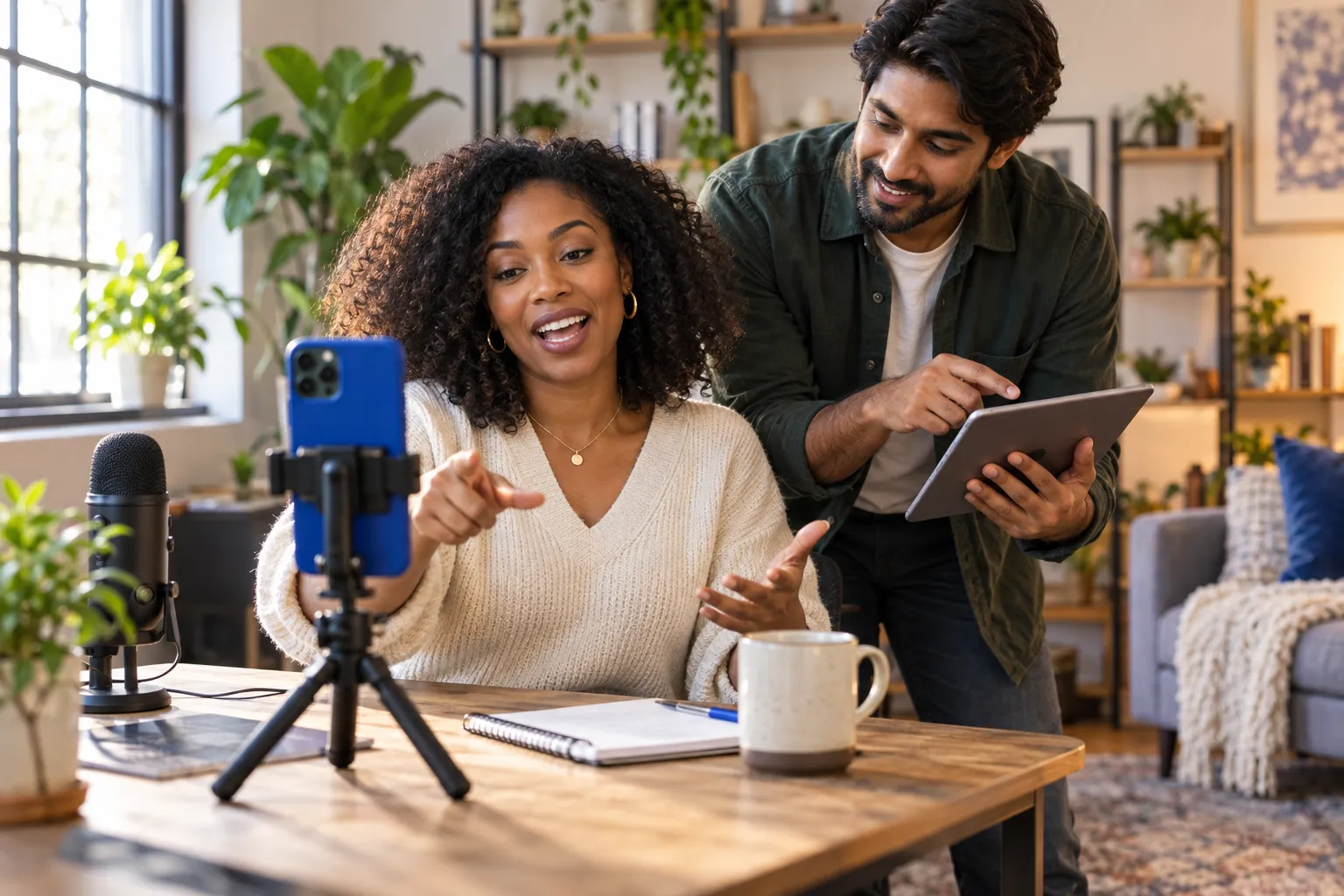Jonge creator filmt een productreview met een smartphone en ringlamp