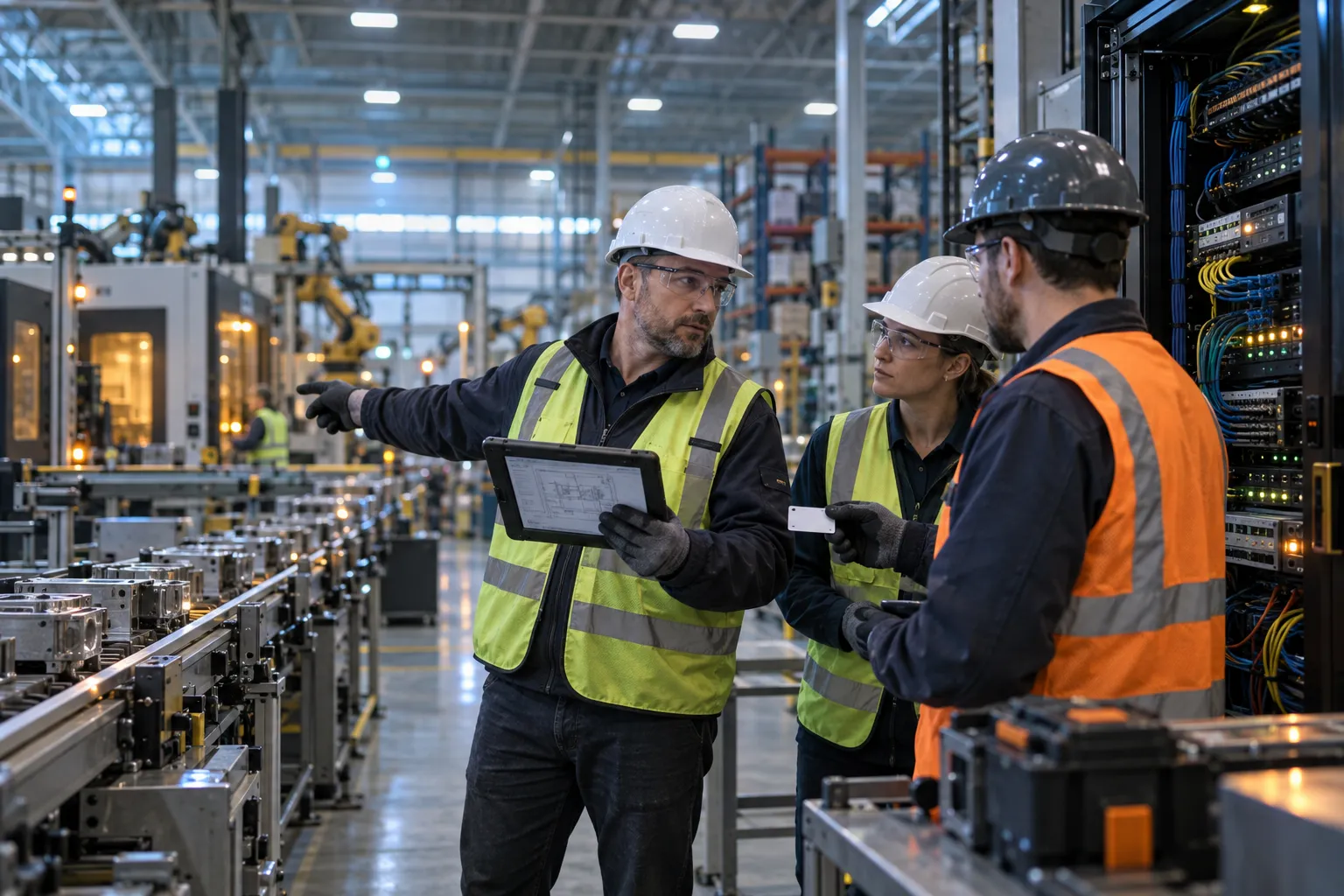 Engineers overseeing production line operations beside industrial control panels