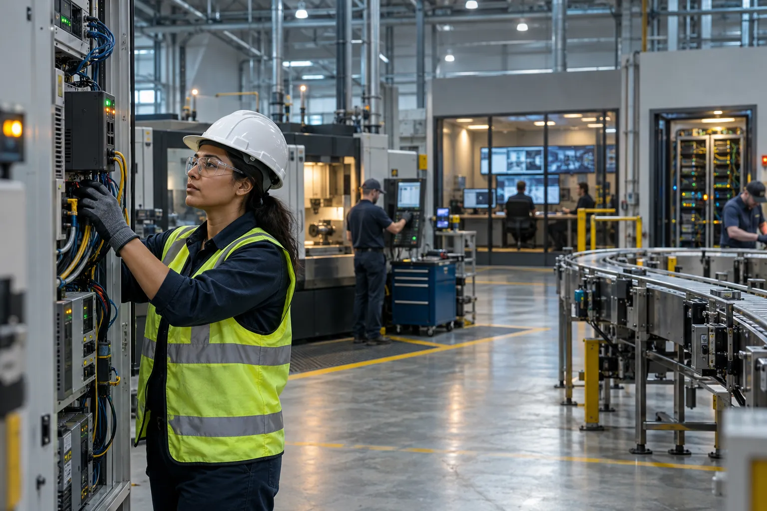Manufacturing plant engineer monitoring industrial control systems on factory floor