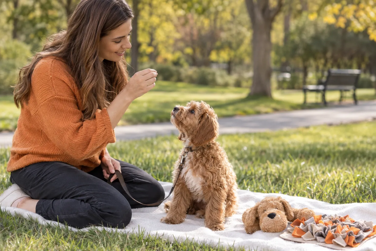 Family walking a happy puppy on a leash outdoors
