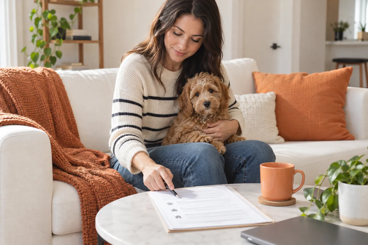 Family reviewing lease paperwork while gently petting a relaxed puppy