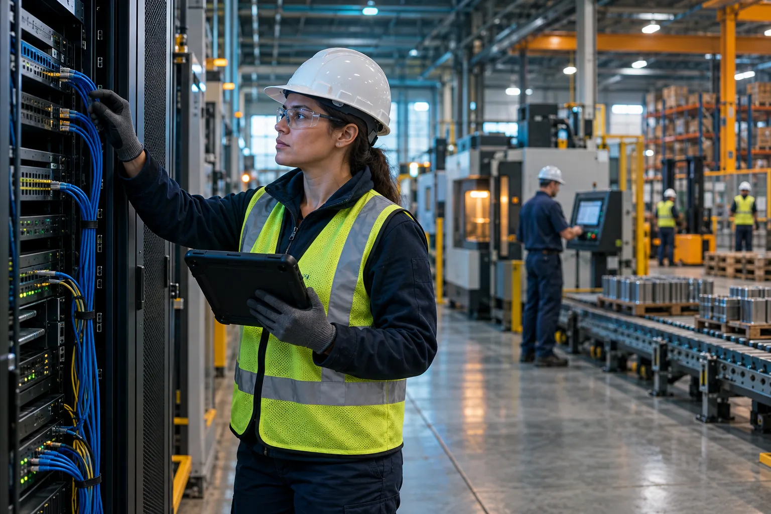 Manufacturing technician monitoring IT systems on factory floor computers