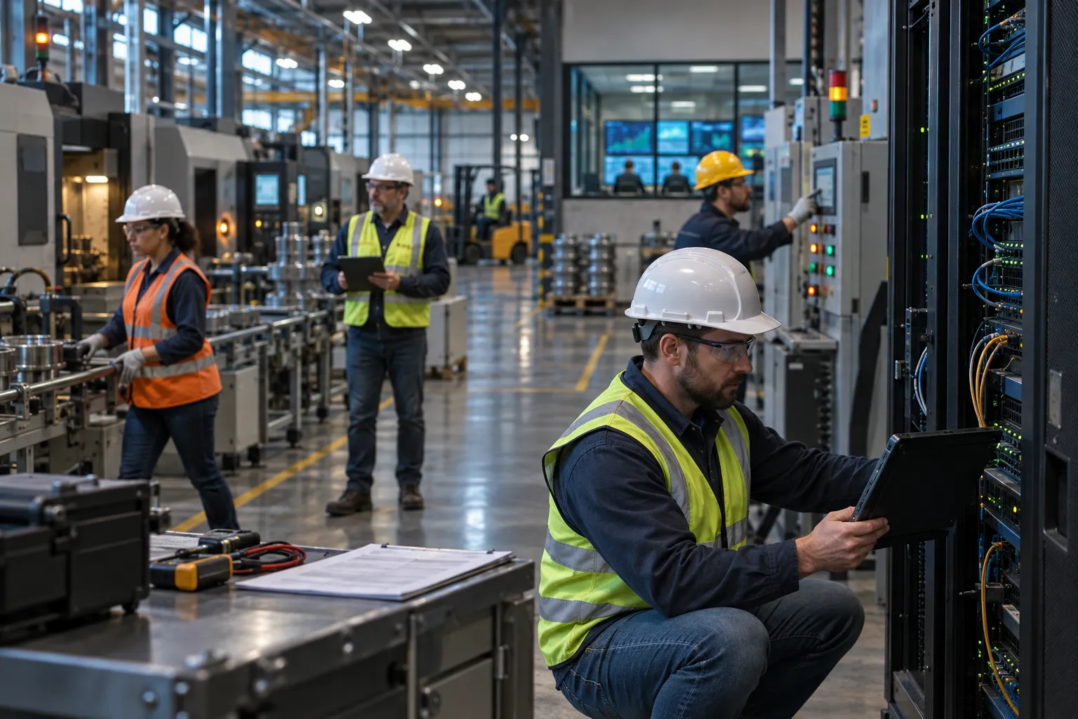 Technician reviewing cybersecurity dashboard inside modern manufacturing facility