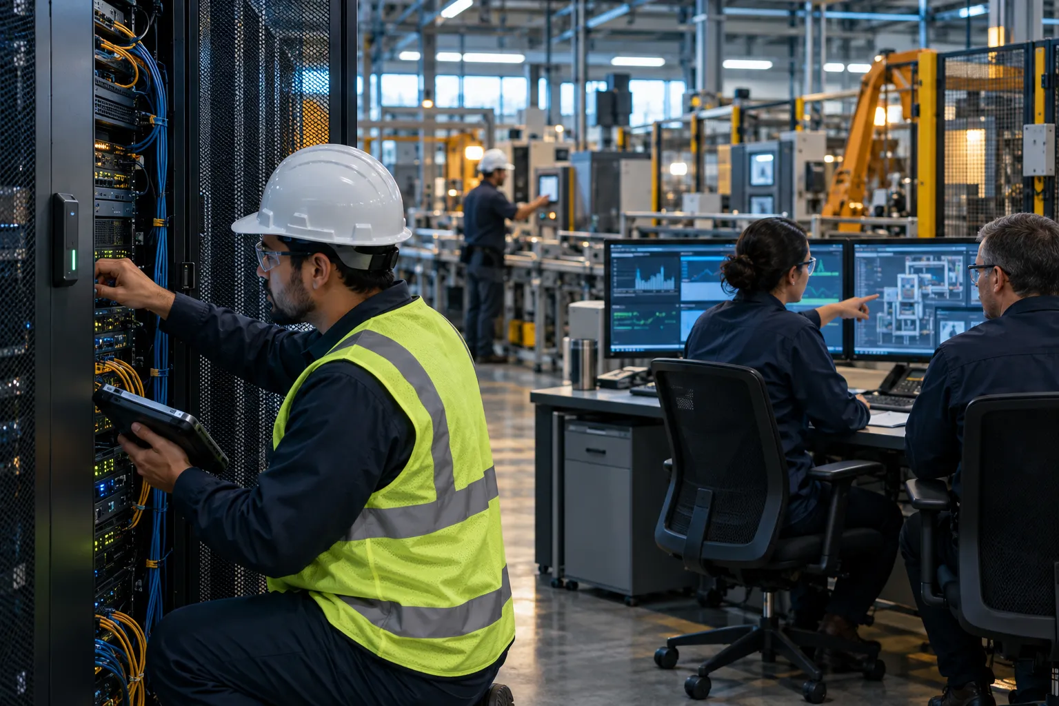 Technician in hard hat monitoring cybersecurity dashboards inside modern manufacturing facility
