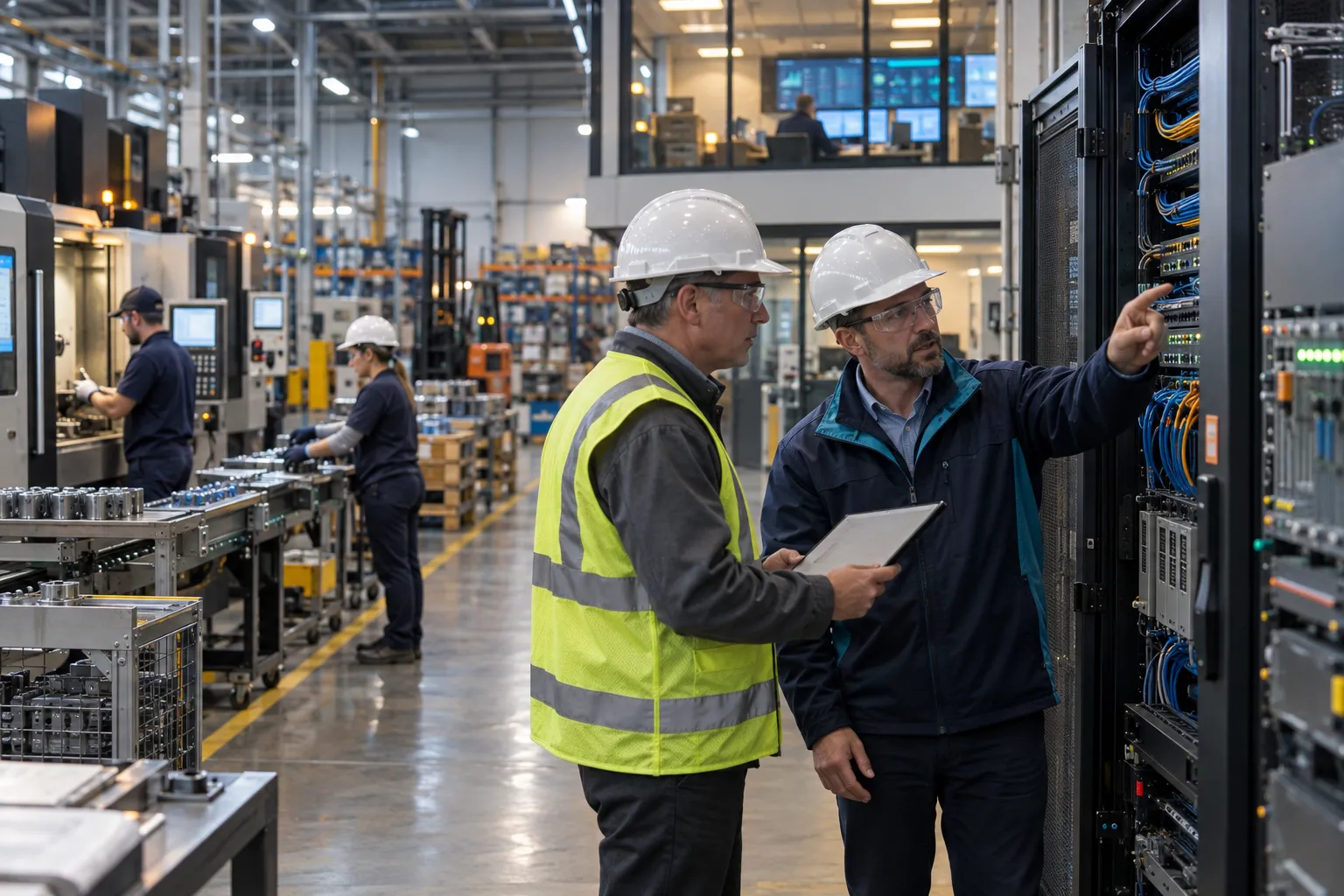 Engineer with tablet inspecting industrial control panel in modern manufacturing facility