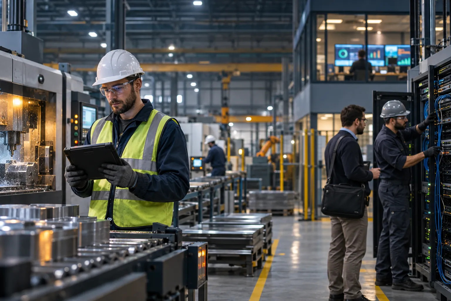Manufacturing engineer reviewing cybersecurity data on factory floor tablet