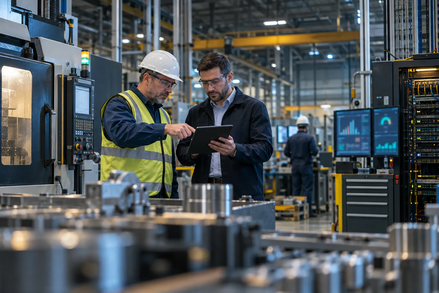 Engineer in hard hat evaluating two industrial control panel screens on factory floor