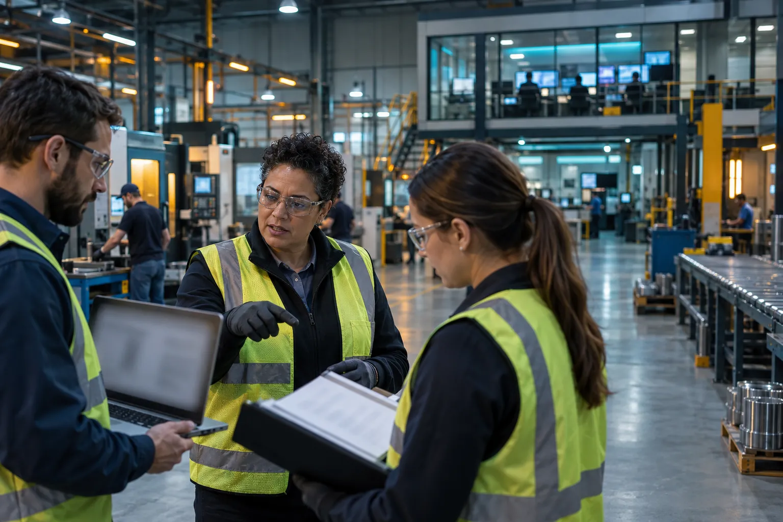 Two engineers reviewing documents beside factory floor control panels