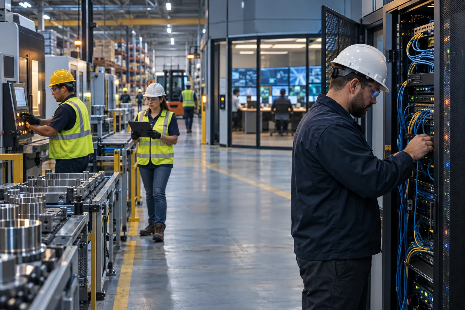 Technician reviewing managed IT quote on tablet inside modern manufacturing facility