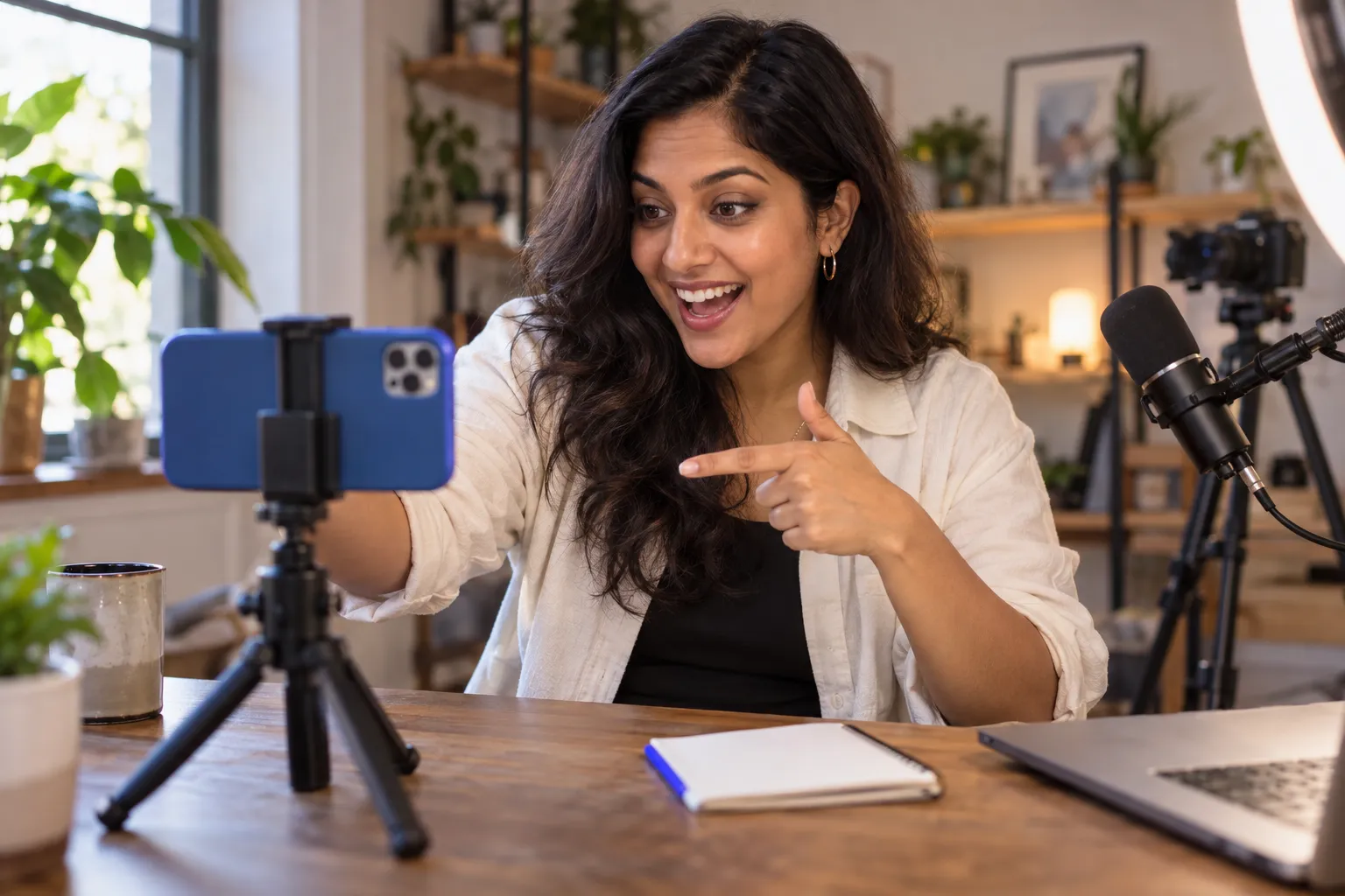 Jovem criador gravando anúncio para o TikTok com smartphone e ring light