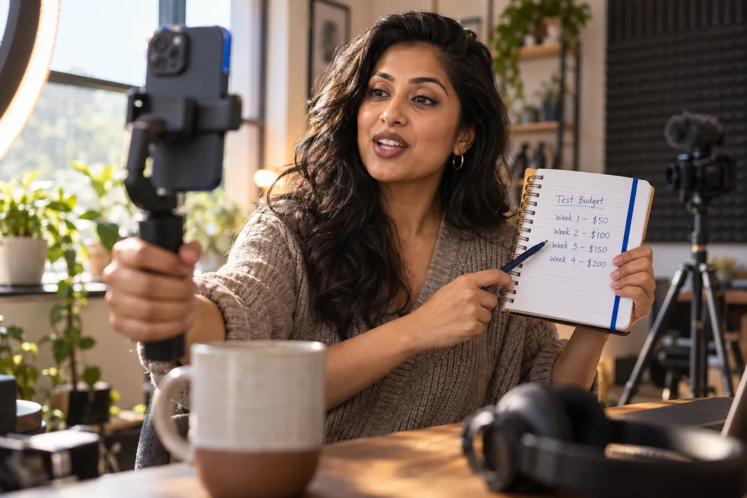 Small business owner reviewing budget spreadsheet with calculator at desk